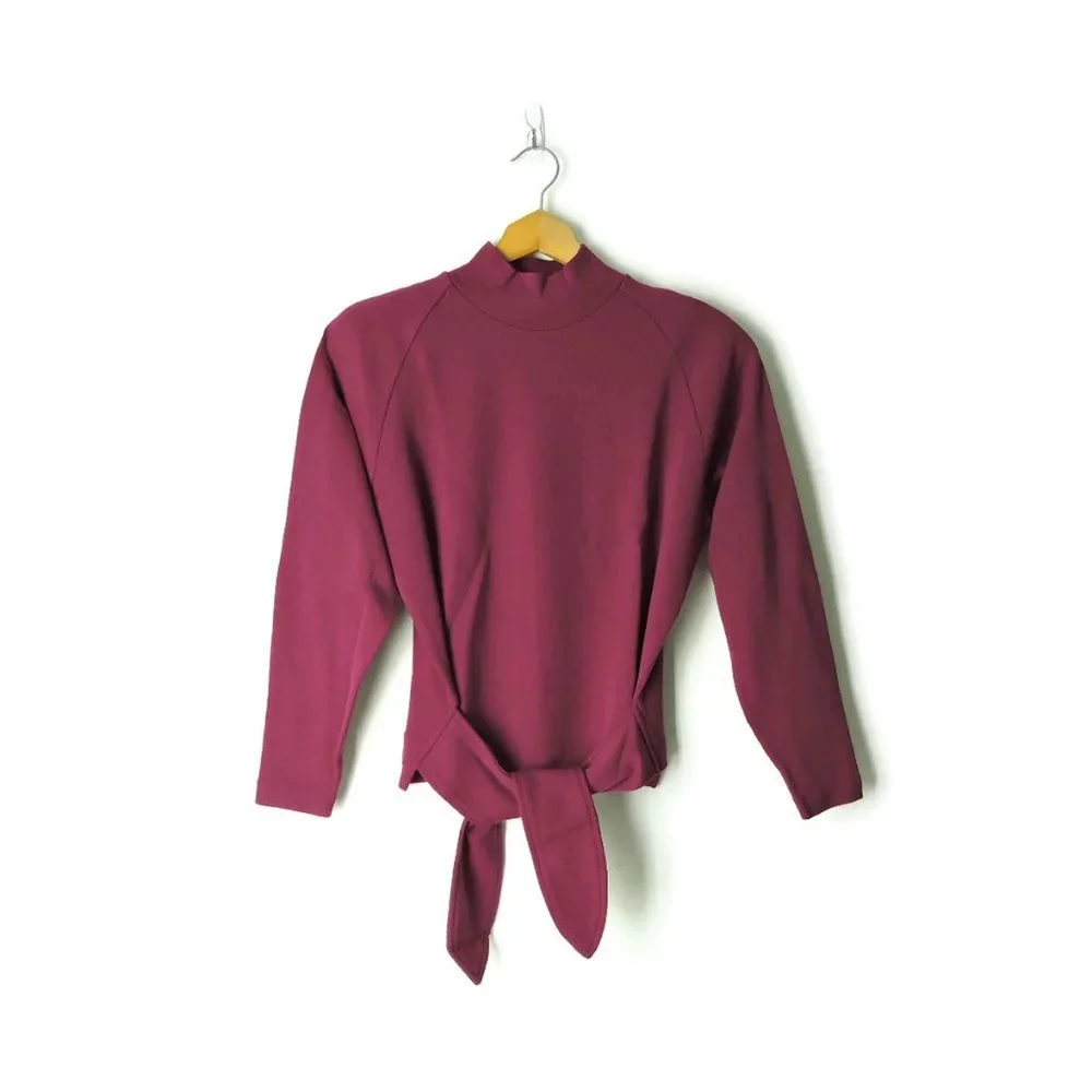 VTG 80s Ports International Pure Wool Mock Sweater shoulder pads Magenta sz S
